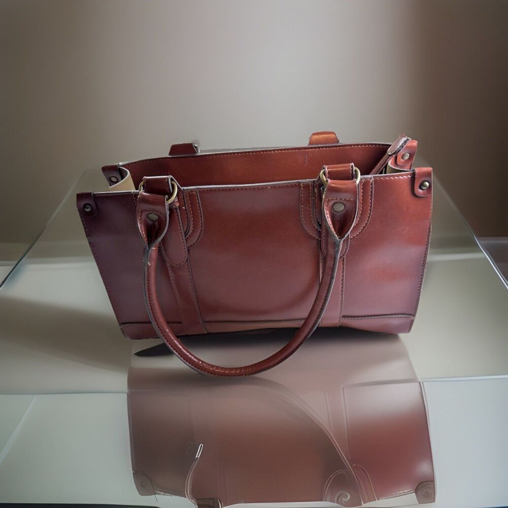 EMILIE M. Brown Faux Leather Satchel Tote Minimalist Work Bag Classic Medium Zip